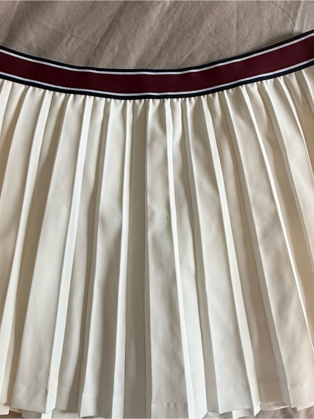 Tory Burch Cream Pleated Skirt with Burgundy and Navy Trim